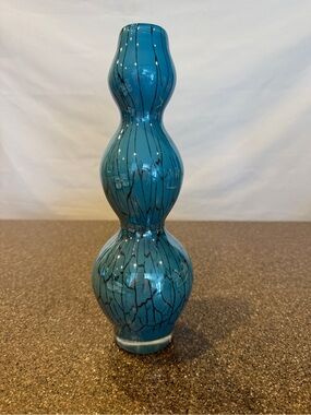 Vintage Pier 1 Hand Blown Triple Gourd Art Glass Teal Blue Marbled Metallic Vase